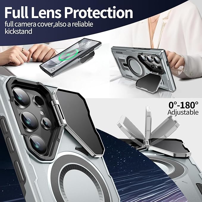 Camera Stand Case for Galaxy S24 Ultra, [Compatible with Mag Safe][Lens Cover] 2024 Version Military Grade Protective Soft Case for Samsung Galaxy S24 Ultra 6.8" Men Women, Grey