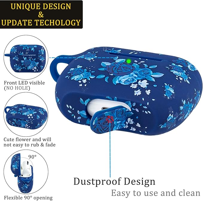 Flower Silicone Compatible with AirPods Pro 2 Case 2022/2023, Gawnock Soft Case Compatible with AirPods Pro 2nd Generation Print Women Girls with Keychain - Blue Flower