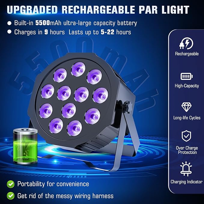 Rechargeable Par Lights Uplights RGBWA+UV 6-in-1 LED Battery Powered Stage Lights with Remote & DMX Control, Sound Activated for Festivals, Weddings, Bars, Churches, DJ