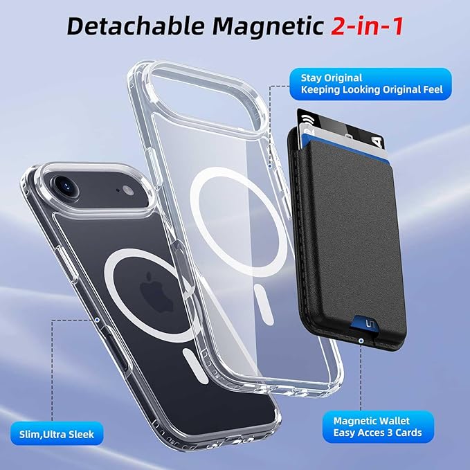 Magnetic for iPhone Air Case & iPhone 17 Air Case Clear with Black Detachable Wallet, Compatible with MagSafe, Military Protective Slim Phone Cover with Card Holder
