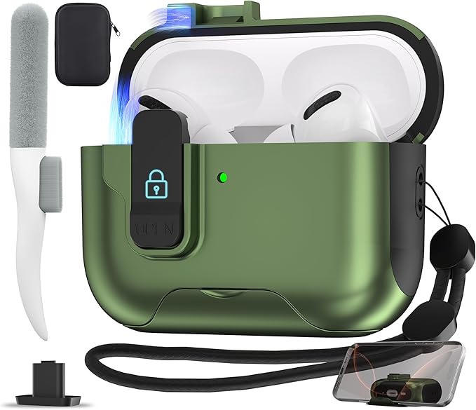 Maxjoy for AirPods Pro 3 Protective Case with Cleaning Kit, Military Hard Case with Lock Shock-Absorbing, Military Green