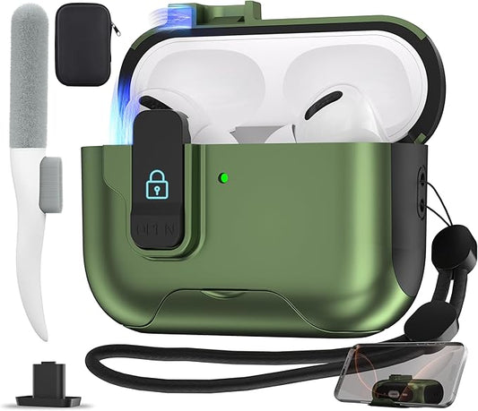 Maxjoy for AirPods Pro 3 Protective Case with Cleaning Kit, Military Hard Case with Lock Shock-Absorbing, Military Green