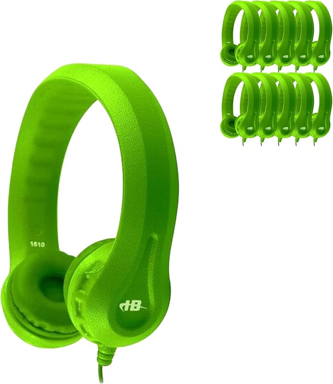 HamiltonBuhl Flex‑Phones Kids Foam Headphones 10‑Pack – Durable EVA Foam, Volume‑Limited 85 dB, Chew‑Resistant Dura‑Cord, Safe BPA‑Free Design for Classroom Use – Green