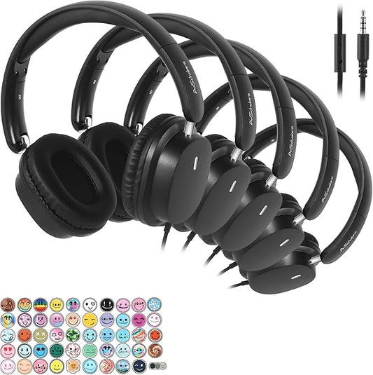 Kids Headphones Bulk 5 Pack for School, HD Mic Stereo Sound Over-Ear Headphones for Classroom, Comfortable Fit, Foldable, 3.5mm Jack Wired Headphones for Kids ipad Tablets Computer Travel
