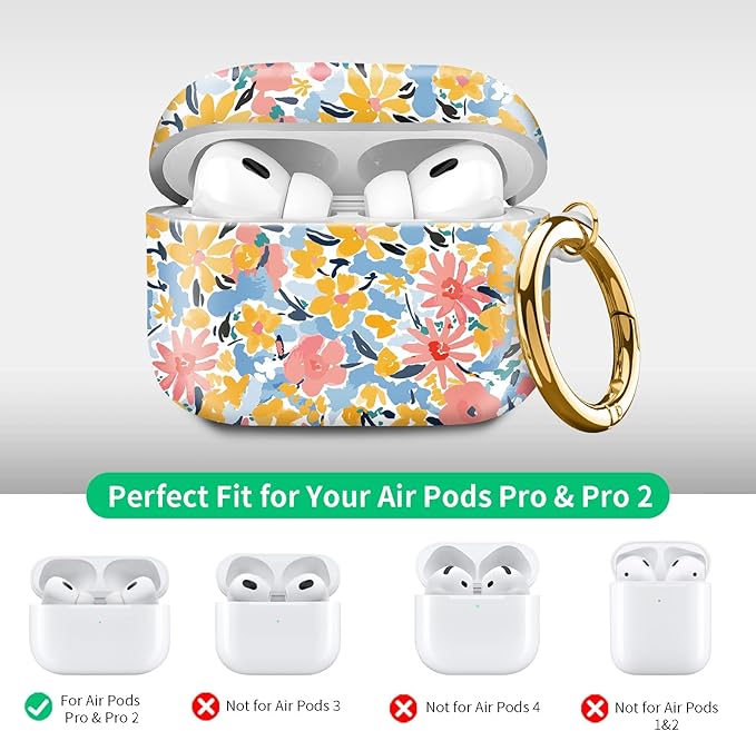 Compatible with Airpod pro 2nd/1st Generation Case Cover with Gold Round Keychain Cute Pattern Hard & Anti Slip Cover for Men Women & Girls（Comic Flowers）