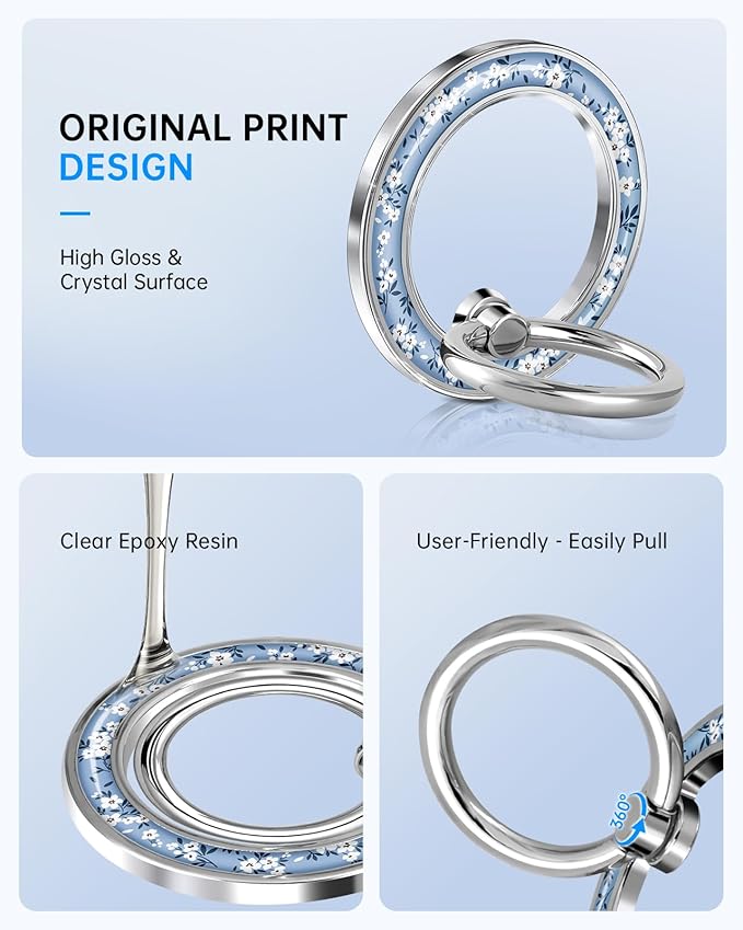 Magnetic Phone Ring Holder Compatible with MagSafe - Cell Phone Grip Magnet Removable Finger Ring Grip Stand Cute Kawaii Design for iPhone 17 Pro Max 16 15 14 13 12 Series Blue Little Flower