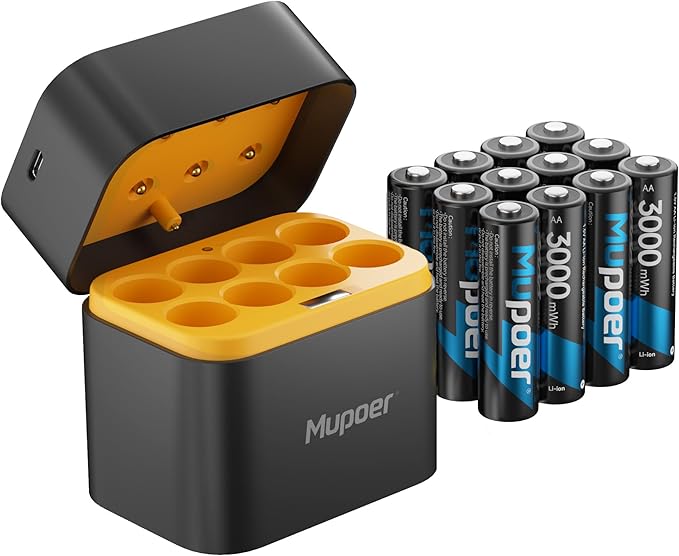 12 Pack Rechargeable AA Batteries Lithium with Charger,3000mWh 1.5V AA Lithium Blink Batteries,Double A Battery Rechargeable,Long Lasting Pilas Recargables Lithium ion AA Battery for Xbox