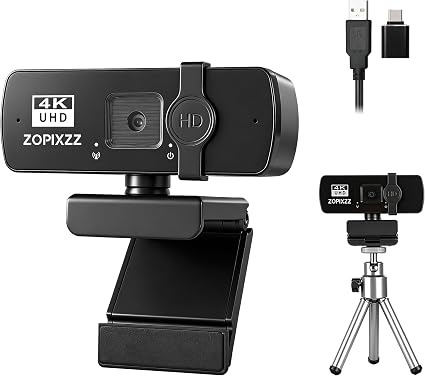 4K Webcam with Tripod, PC Ultra HD Web Camera with Microphone, PDAF Autofocus,Privacy Cover,USB A & USB C Adapter, Plug & Play,Ideal for Business Meetings&Live Streaming
