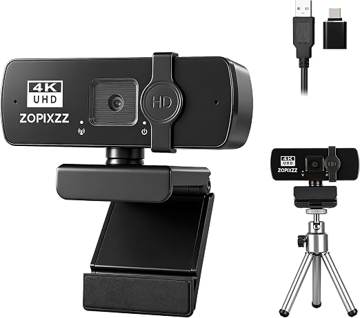 4K Webcam with Tripod, PC Ultra HD Web Camera with Microphone, PDAF Autofocus,Privacy Cover,USB A & USB C Adapter, Plug & Play,Ideal for Business Meetings&Live Streaming
