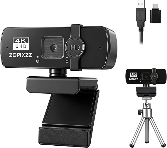 4K Webcam with Tripod, PC Ultra HD Web Camera with Microphone, PDAF Autofocus,Privacy Cover,USB A & USB C Adapter, Plug & Play,Ideal for Business Meetings&Live Streaming