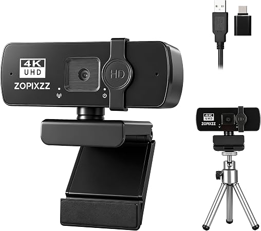 4K Webcam with Tripod, PC Ultra HD Web Camera with Microphone, PDAF Autofocus,Privacy Cover,USB A & USB C Adapter, Plug & Play,Ideal for Business Meetings&Live Streaming