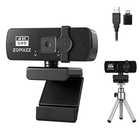 4K Webcam with Tripod, PC Ultra HD Web Camera with Microphone, PDAF Autofocus,Privacy Cover,USB A & USB C Adapter, Plug & Play,Ideal for Business Meetings&Live Streaming