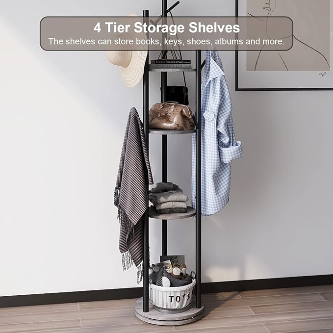 Rotary Coat Rack Freestanding Metal Coat Hall Tree Stand with 4 Tiers Storage Display Shelf and 9 Hooks for Entryway Bedroom Corner Office Garment Clothes Holder (Grey)