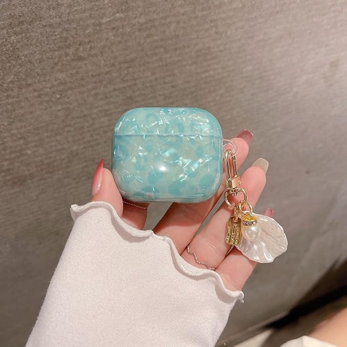 Compatible with Airpods 3rd Generation Case, PHOEACC Dream Luxury Airpod 3 Case Cute Protective Cover with Shell Pearl Keychain for Girls Teens Women (Turquoise Blue)