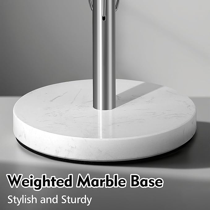 Weighted Marble Paper Towel Holder Countertop, Standing Paper Roll Holder with Non-Slip Base for Kitchen, One-Handed Tear, Elastic Centering Wire (Marble, Stainless Steel)