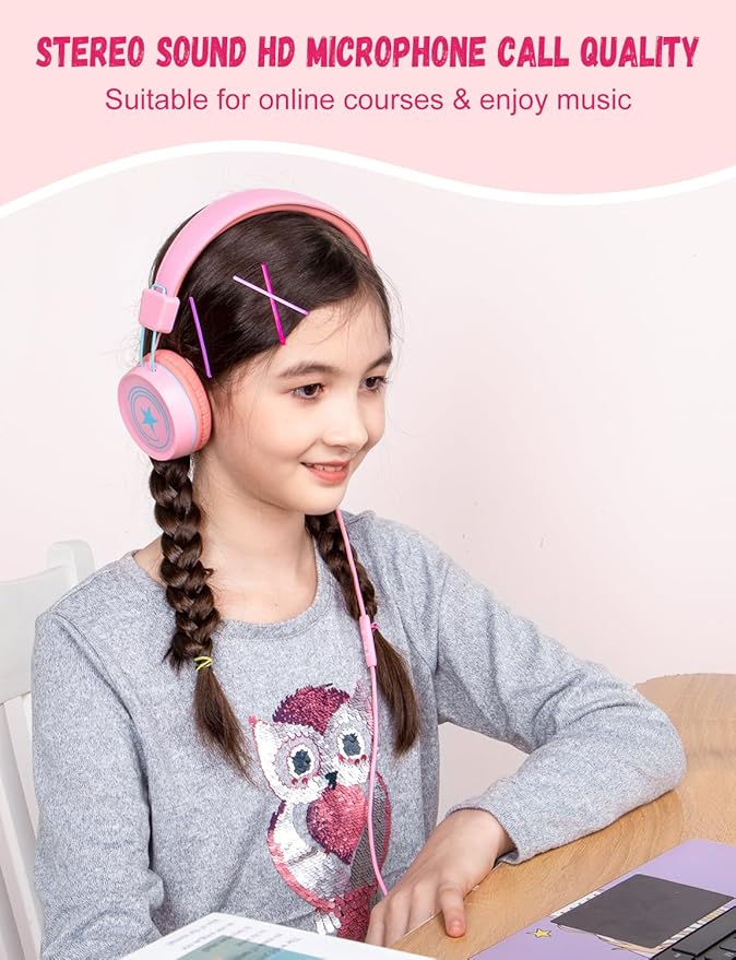 New Bee Kids Headphones for School with Microphone KH20 HD Stereo Safe Volume Limited 85dB/94dB Foldable Lightweight On-Ear Headphone for boy Mac/Android/Kindle/Tablet/Pad