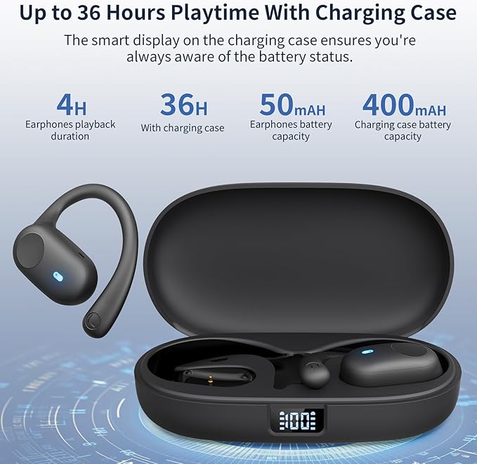 Open Ear Headphones, Bluetooth Headphones 5.3 Sports with Smart Digital Display, 36H Playtime, IP54 Waterproof, Wireless Earbuds Lightweight Design Fit Cycling, Running, Workout (Black)