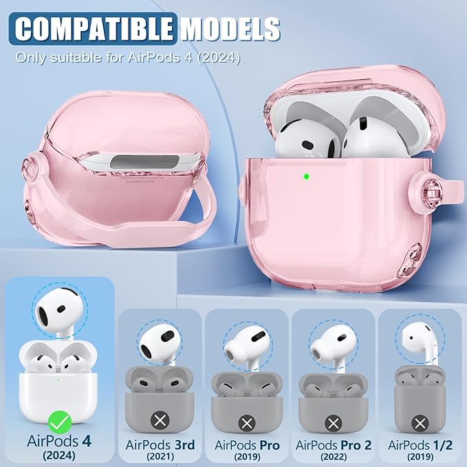 Safety Lock for Airpods 4 Case,TPU Clear Cases for Apple Air pods 4 Case with Cleaner Kit,Drop Protection Airpod 4 Cases Cover for Men for Women with Lock and Keychain,Clear Pink