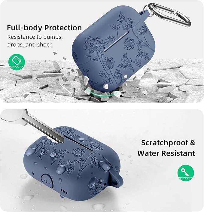 Lerobo Compatible with Apple Airpods Pro 2nd 1st Generation Case Cute Flower Engraved Cover Soft Silicone Skin Cover Full Protective Case for AirPod Pro/Pro 2 Case USB C, Front LED Visible, Blue Gray