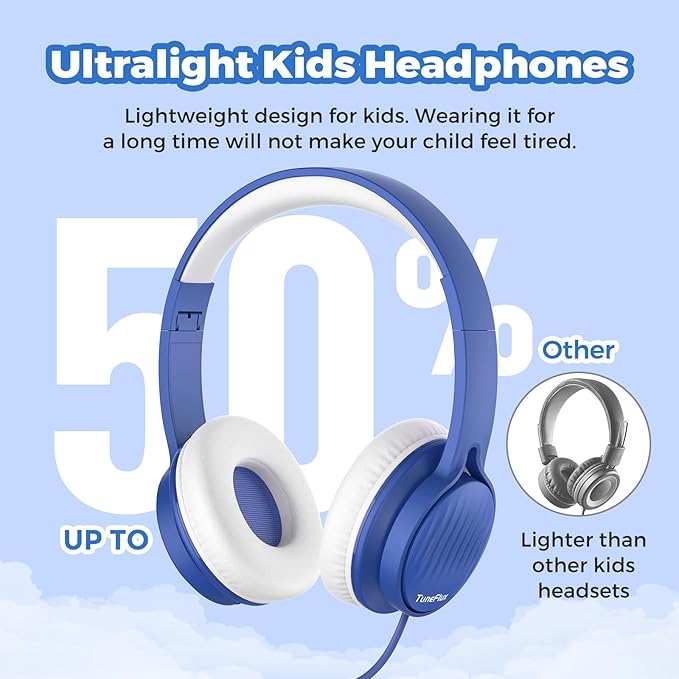 TuneFlux Upgraded Kids Headphones, Wired Toddler Headsets, 85dB Limited Volume On Ear Headphones, Portable Foldable Design, Stereo Sound Kids Headsets for School/Tablet/Travel-Sapphire Blue