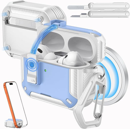 MoKo for AirPods Pro 3 Case with Lock 2025 - Compatible with MagSafe, Phone Stand & Auto Pop-up for AirPods Pro 3rd Generation Case, Military-Grade Protective Cover with Cleaner Kit, Light Blue+White