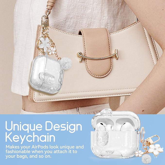 Clear Case for AirPods Pro 3 Case Cover with Safety Lock,Soft TPU Cover with Phone Stand & Cleaning Kit,Cute Bling Keychain for Women Girls-Glitter White