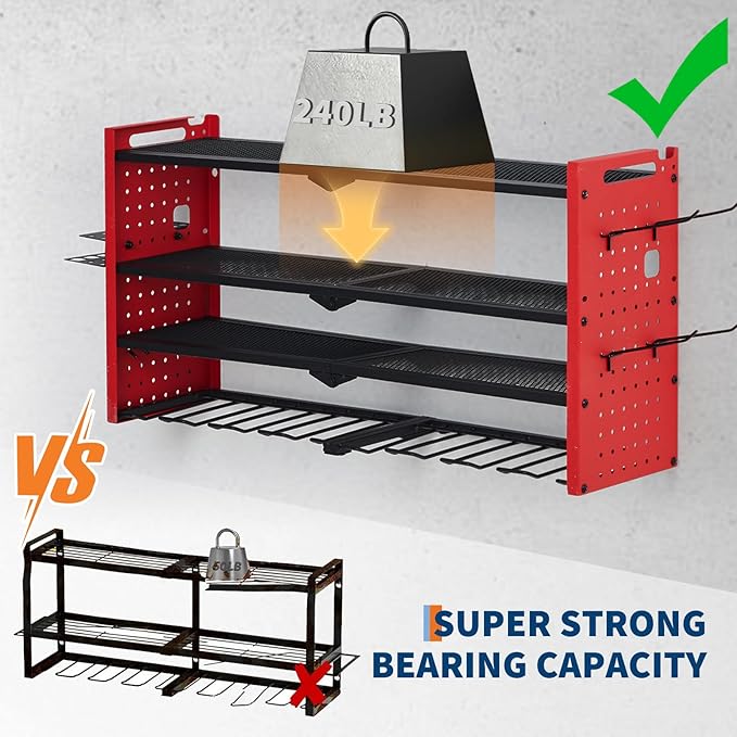 Power Tool Organizer, Drill Holder Wall Mount, Heavy Duty 4-Layer Garage Rack Metal Loads 400Lbs, 8 Drill Storage Shelf with Hooks, Drill Bit Shelf Power Tool Rack for Garage, Workbench