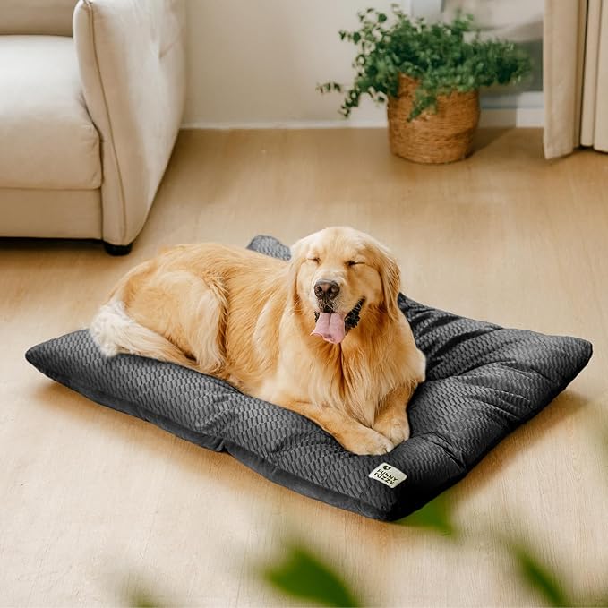 FUNNY FUZZY Washable XL Dog Crate Bed for Extral Large Dogs,Reversible Plush Flat Dog Bed Mat, Pillows,Soft Comfy Kennel Pad,Pet Sleeping Mattress,Pet Cushion,42" × 28", Charcoal Grey