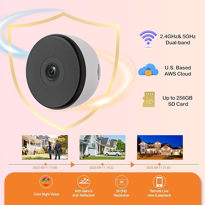 4 Pack Window Camera, 24/7 Recording, 3MP/2K Full-Color Night Vision, Human Detection & Alerts, 2.4/5GHz WiFi, Easy Install Security Camera, Alexa Compatible, Indoor Anti-Theft Camera