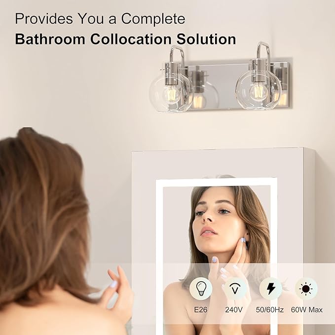 2-Light Bathroom Vanity Light, Modern Brushed Nickel Wall Sconce with Clear Glass Shade, Vintage Style Mirror Lighting for Bathroom, Bedroom, Living Room,14 Inch