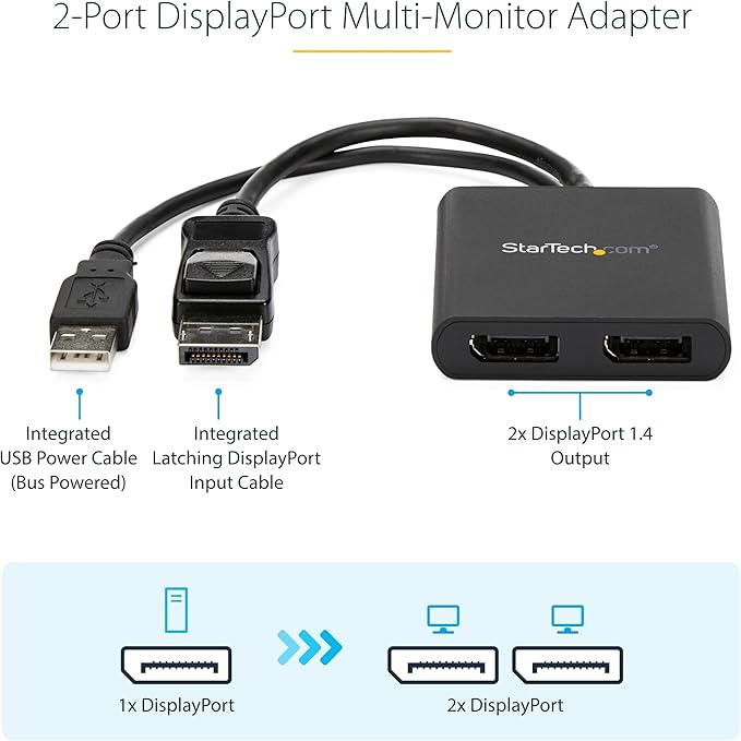 StarTech.com Dual-Monitor DisplayPort 1.2 Splitter, DP to 2x DP Multi-Monitor Adapter, 4K 30Hz/1080p 60Hz MST Hub for Windows