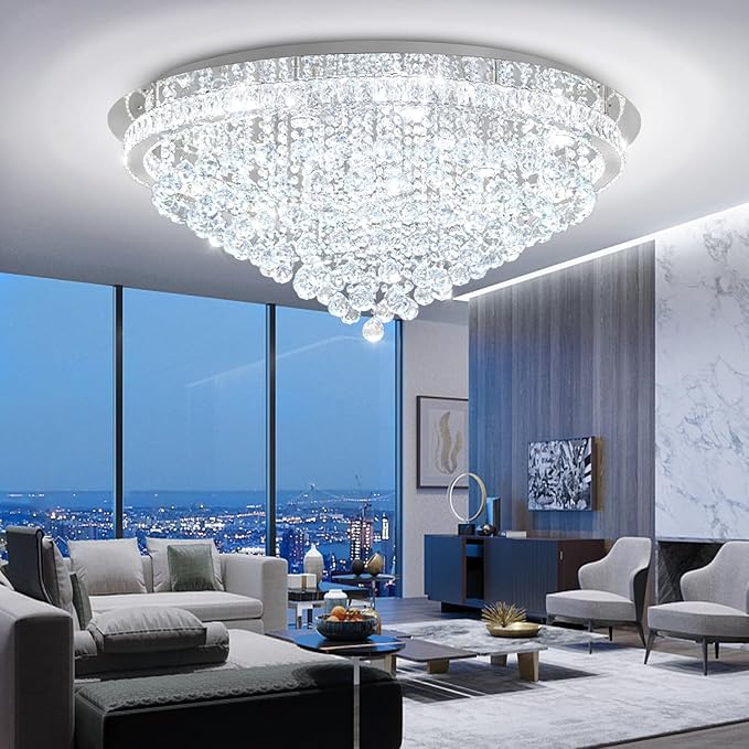 Dia 40" Modern Crystal Chandeliers for Living Room,Silver Large Chandelier Flush Mount Chandeliers for Bedrooms Dining Room Dimmable 2700k 4500k 6000k