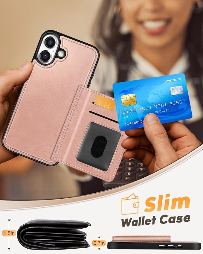 for iPhone 17 Case with Wallet - Fits 4 Card Slots, Compatible with MagSafe for Women Aesthetic Durable PU Leather Credit Card Holder Kickstand Phone Cover for Apple 17, Rose Gold