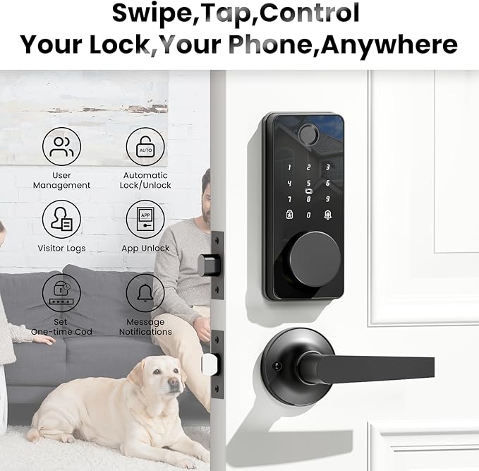 Smart Lock with Handles, Fingerprint Door Lock App Control, Keyless Entry Door Lock Set, Electronic Keypad Deadbolt, Auto & One Touch Lock, Easy Installation, IP54, Digital Smart Code