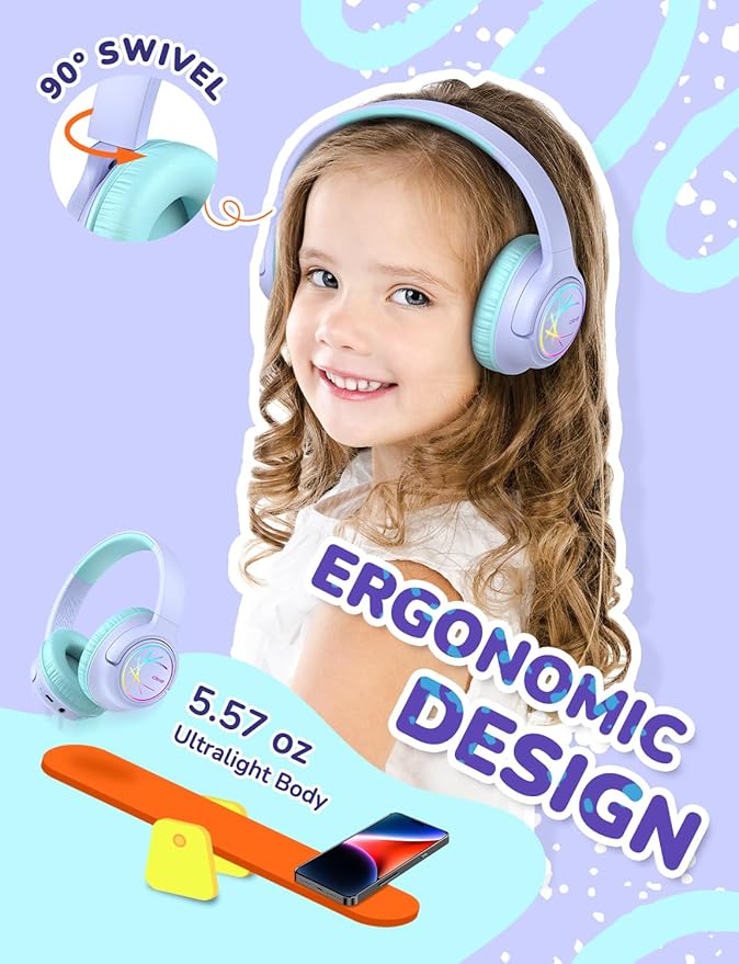 iClever Kids Bluetooth Headphones with LED Lights, BTH18 Safe Volume 74/85dBA, 43H Playtime, Bluetooth5.3 Kids Headphones Wireless Aux Cord for iPad/Tablet/Travel/School, Purple