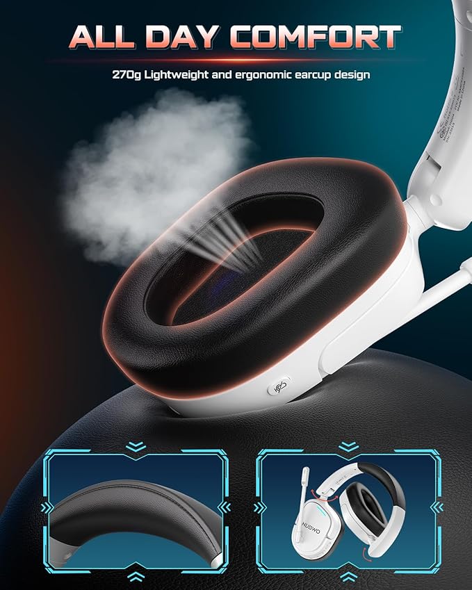 NUBWO Wireless Gaming Headset for PC, PS5, PS4, Connect to Game & Phone Simultaneously (2.4GHz + Bluetooth), 3 EQ Modes, 50H Battery, PS5 Headset with Mic, Lightweight Foldable Headphones White/Black