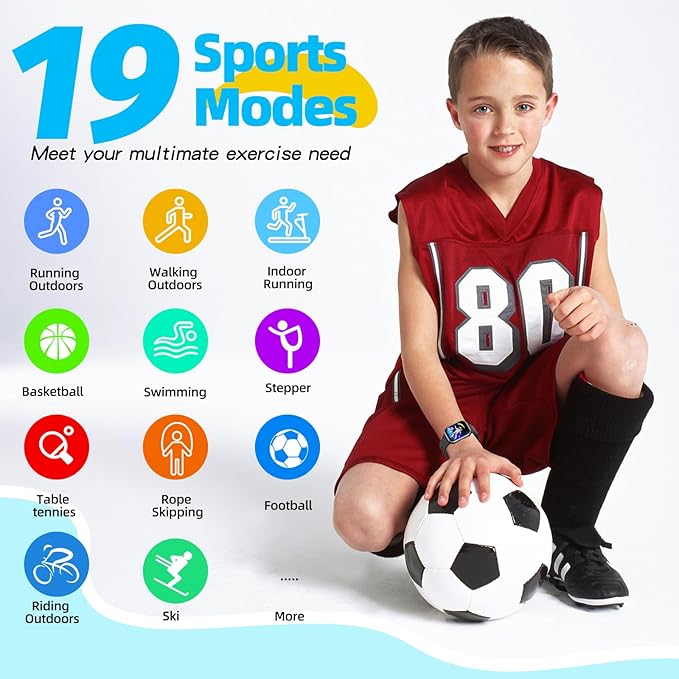 Kids Smart Watch Girls Boys, Fitness Tracker for Kids, 1.5 Inch DIY Dial, 19 Sport Modes, Sleep Monitor, Pedometers, Heart Rate, IP68 Waterproof, Great Gift for Boys Girls Teens 6-14