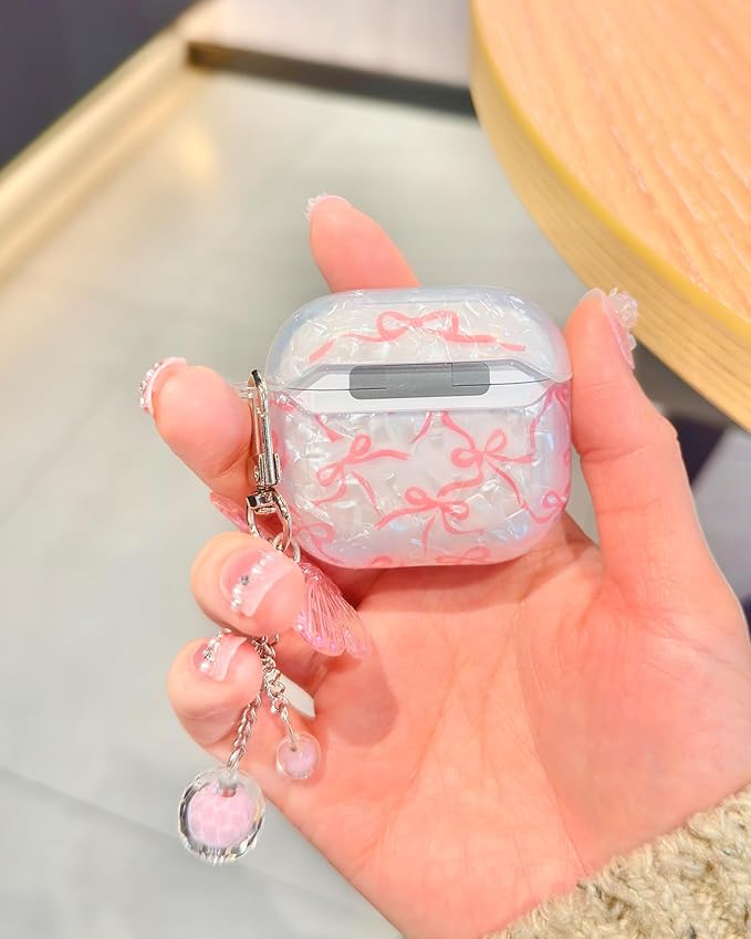 Compatible with AirPods 4 Case Cute, Shell Pattern Shockproof Protective Cover for Girls Women with Butterfly Keychain Designed for AirPod 4th Generation, Pink Bow