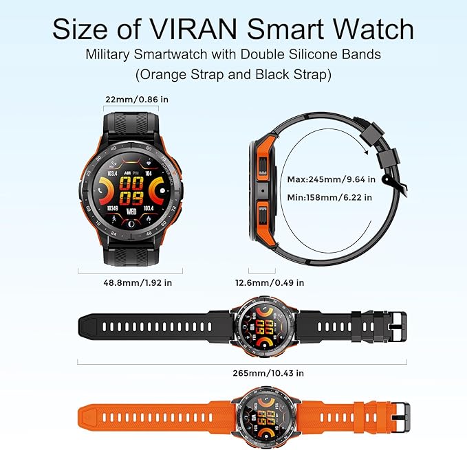VIRAN Military Smart Watches for Men, 5ATM Waterproof Rugged Smart Watch with Bluetooth Call (Answer/Dial Call), Outdoor Fitness Tracker Watch with 100+ Sport Modes for Android and iOS (Orange)