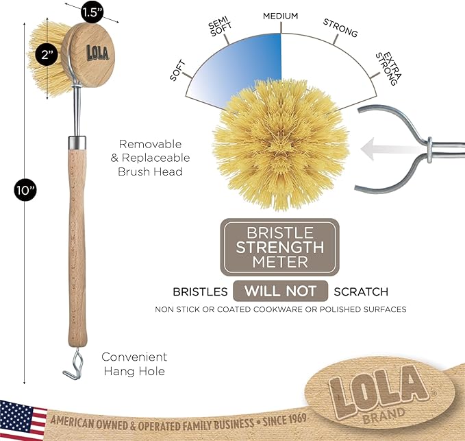 LOLA -The Original - Tampico Vegetable & Dish Brush, Sustainable Wood Ergonomic Handle w/Tampico Fiber Bristles, Made in Germany, 1 Pack