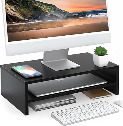 FITUEYES Wooden Monitor Stand Riser, 2-Tier Desk Storage Shelf, Black