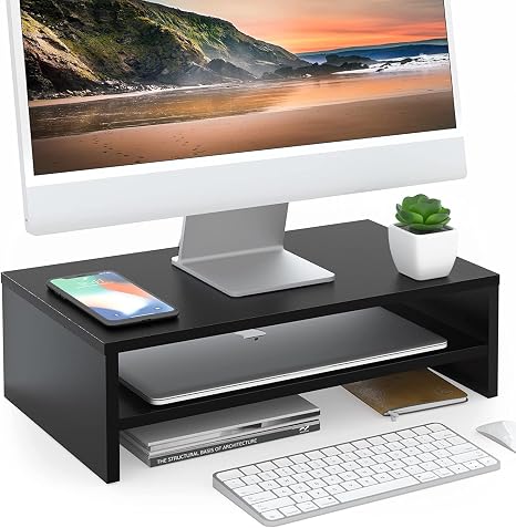 FITUEYES Wooden Monitor Stand Riser, 2-Tier Desk Storage Shelf, Black