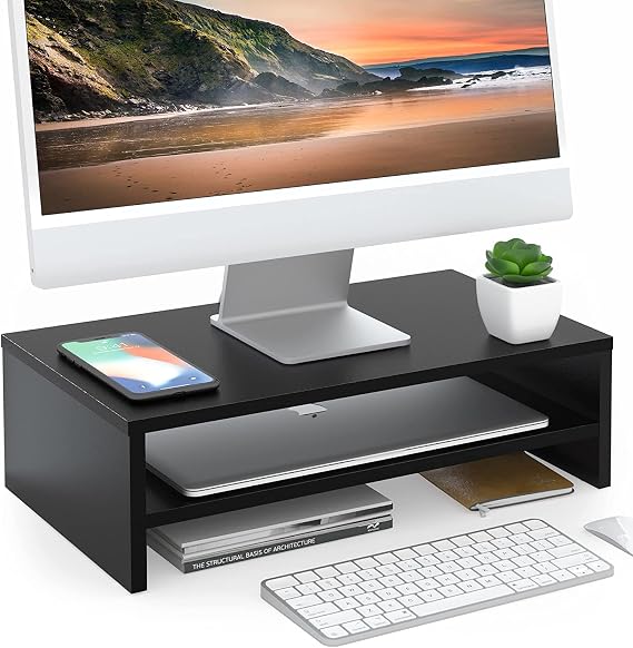 FITUEYES Wooden Monitor Stand Riser, 2-Tier Desk Storage Shelf, Black