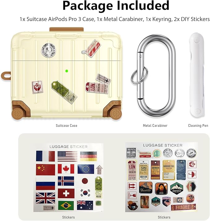 KOREDA Compatible with AirPods Pro 3 Case Cover, Cute Funny Suitcase Design Case for AirPods Pro 3rd Generation, Fashion Protective Hard Case for Women Men with Keychain and Cleaner Kit (Beige)