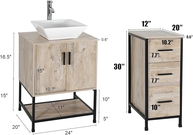 eclife 36" Bathroom Vanity Sink Combo Modern Metal Stand Cabinet W/Bottom Shelf & Storage Side Cabinet White Square Vessel Sink & Water Save Faucet & Pop Up Drain, Oak (A07)