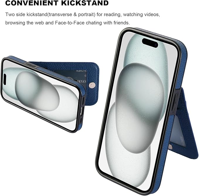 KIHUWEY Compatible with iPhone 15 Case Wallet with Credit Card Holder, Flip Premium Leather Magnetic Clasp Kickstand Heavy Duty Protective Cover for iPhone 15 6.1 Inch (Lichee Blue)