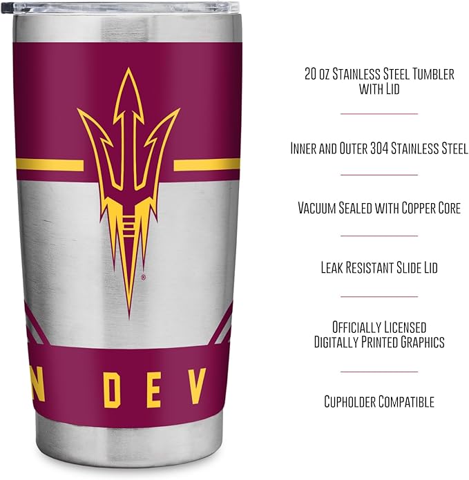 Rico Industries NCAA 20oz Stainless Steel Tumbler with Lid - Great For Coffee, Tea, Water or Cocktails