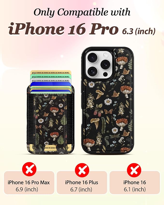 Shorogyt for iPhone 16 Pro Case Wallet - Fits 5 Cards, Compatible with Magsafe Detachable Magnetic Credit Card Holder Leather Cardholder Cute Phone Cover Women Girls for Apple 16Pro, Mushroom