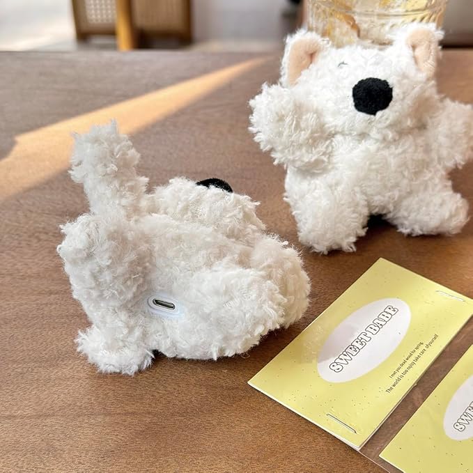 Yatchen Furry Case for AirPods 1&2,Funny Cute 3D Cartoon Plush Western Highland Dog Design Fluffy Soft Warm Cover Case Carrying Charging Box with Keychain Anti-Fall Protector for AirPods 1&2