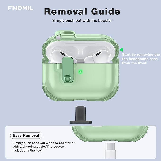 Clear Case for AirPods Pro 2 Case Cover with Lock Safety&Pop Up [Military Shockproof]Anti-Yellow Transparent Wireless Charging for AirPods Pro 2nd/1st Generation Case with Keychain,Clear Green